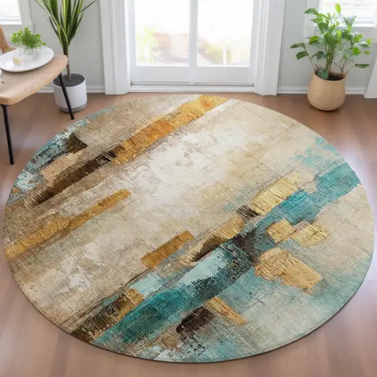 8' Beige And Teal Blue Round Abstract Washable Indoor Outdoor Area Rug Photo 6