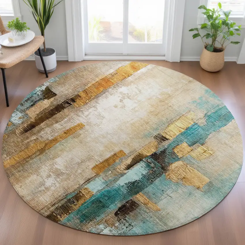 8' Beige And Teal Blue Round Abstract Washable Indoor Outdoor Area Rug Photo 6