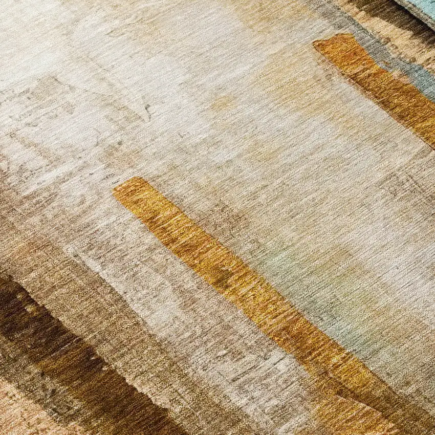 8' Beige And Teal Blue Round Abstract Washable Indoor Outdoor Area Rug Photo 9