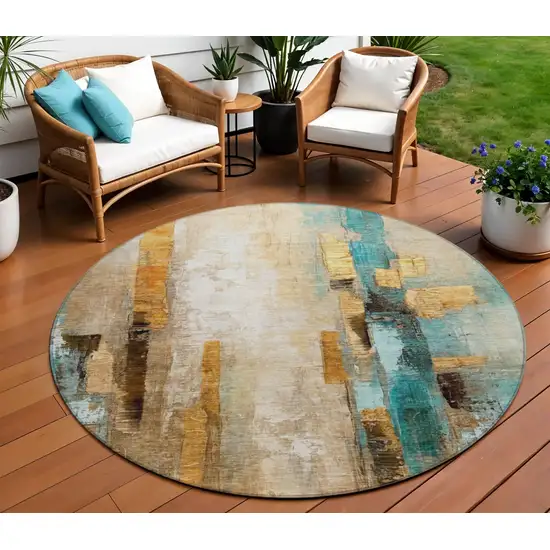 8' Beige And Teal Blue Round Abstract Washable Indoor Outdoor Area Rug Photo 2