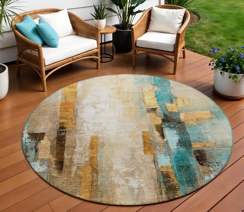 8' Beige And Teal Blue Round Abstract Washable Indoor Outdoor Area Rug Photo 2