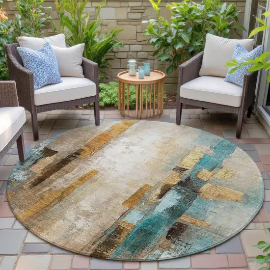 8' Beige And Teal Blue Round Abstract Washable Indoor Outdoor Area Rug Photo 5