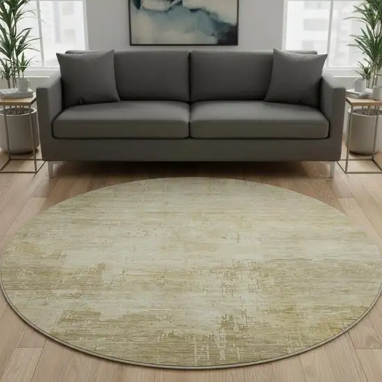 8' Beige And Wheat Abstract Washable Round Rug With UV Protection Photo 2