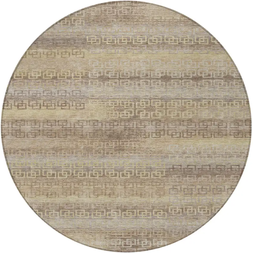 8' Beige And Wheat Round Striped Washable Indoor Outdoor Area Rug Photo 3