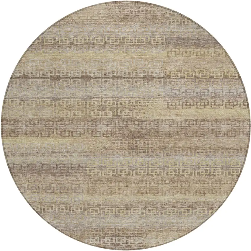 8' Beige And Wheat Round Striped Washable Indoor Outdoor Area Rug Photo 1
