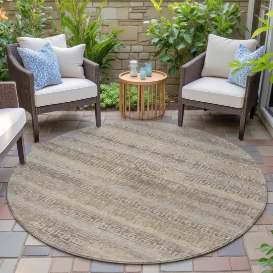 8' Beige And Wheat Round Striped Washable Indoor Outdoor Area Rug Photo 6