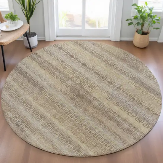 8' Beige And Wheat Round Striped Washable Indoor Outdoor Area Rug Photo 7