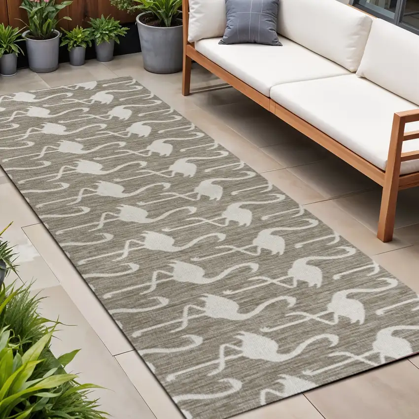 8' Beige And White Animal Print Indoor Outdoor Runner Rug Photo 1
