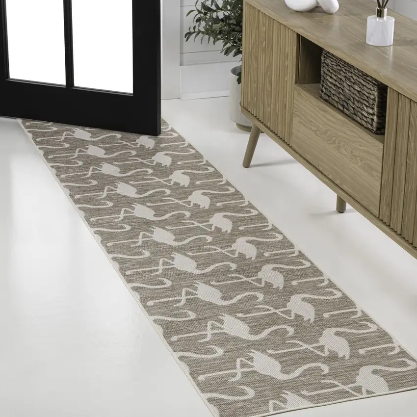 8' Beige And White Animal Print Indoor Outdoor Runner Rug Photo 4