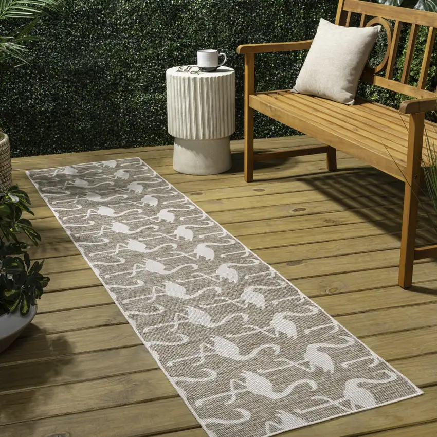 8' Beige And White Animal Print Indoor Outdoor Runner Rug Photo 5