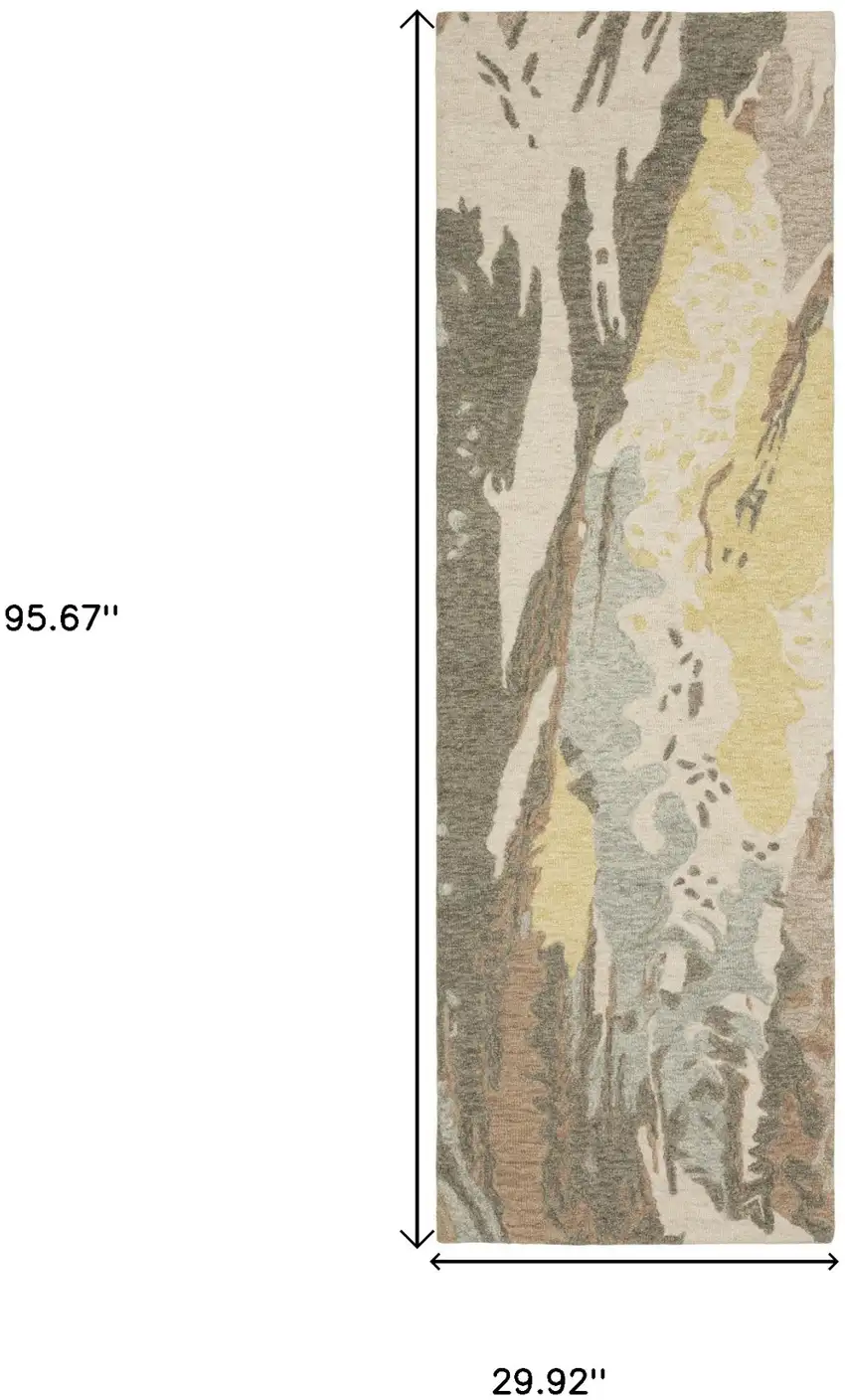8' Beige And Yellow Wool Abstract Hand Tufted Runner Rug Photo 3
