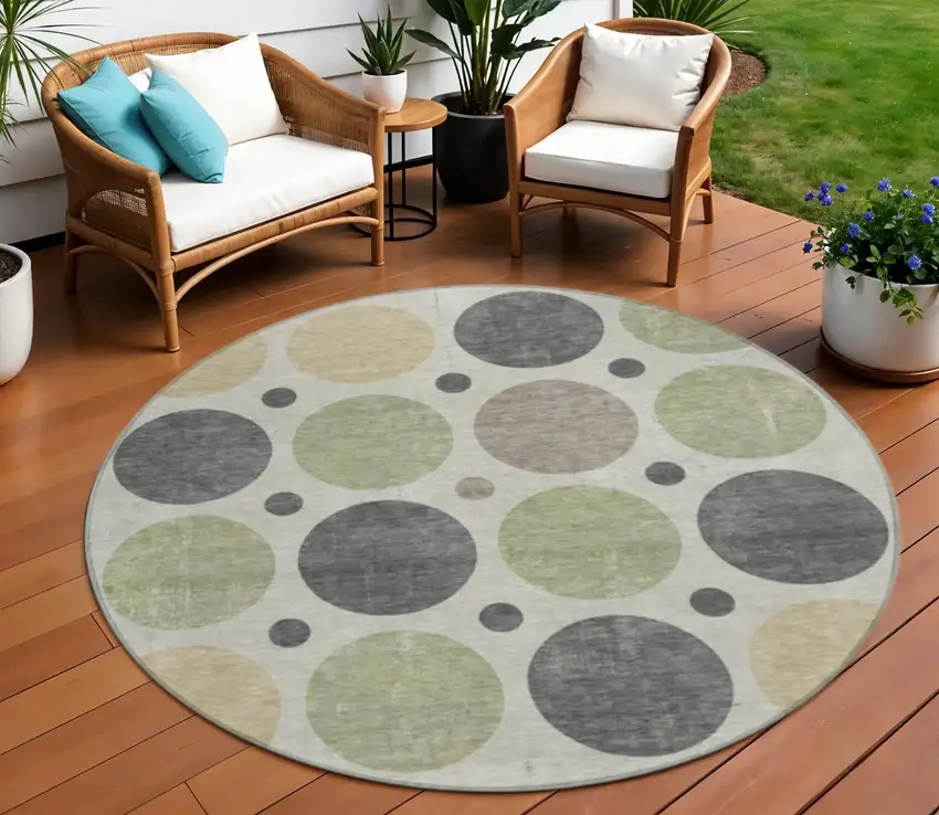 8' Beige Artichoke Green And Charcoal Round Geometric Washable Indoor Outdoor Area Rug Photo 2