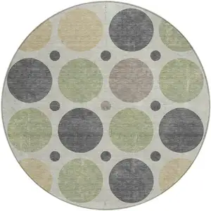 Photo of 8' Beige Artichoke Green And Charcoal Round Geometric Washable Indoor Outdoor Area Rug