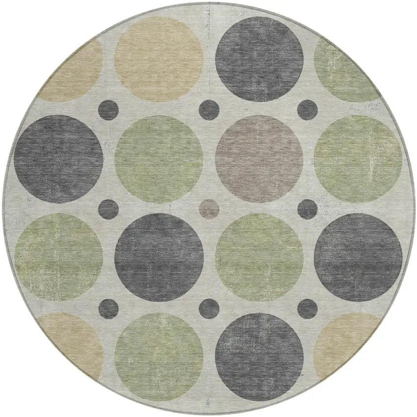 8' Beige Artichoke Green And Charcoal Round Geometric Washable Indoor Outdoor Area Rug Photo 1