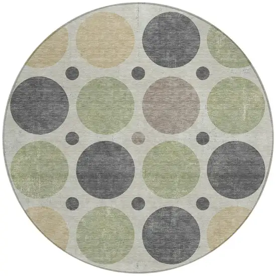 8' Beige Artichoke Green And Charcoal Round Geometric Washable Indoor Outdoor Area Rug Photo 3