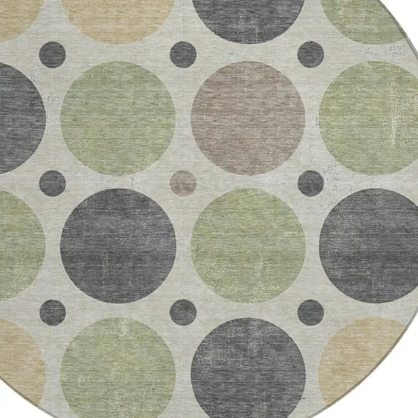 8' Beige Artichoke Green And Charcoal Round Geometric Washable Indoor Outdoor Area Rug Photo 4