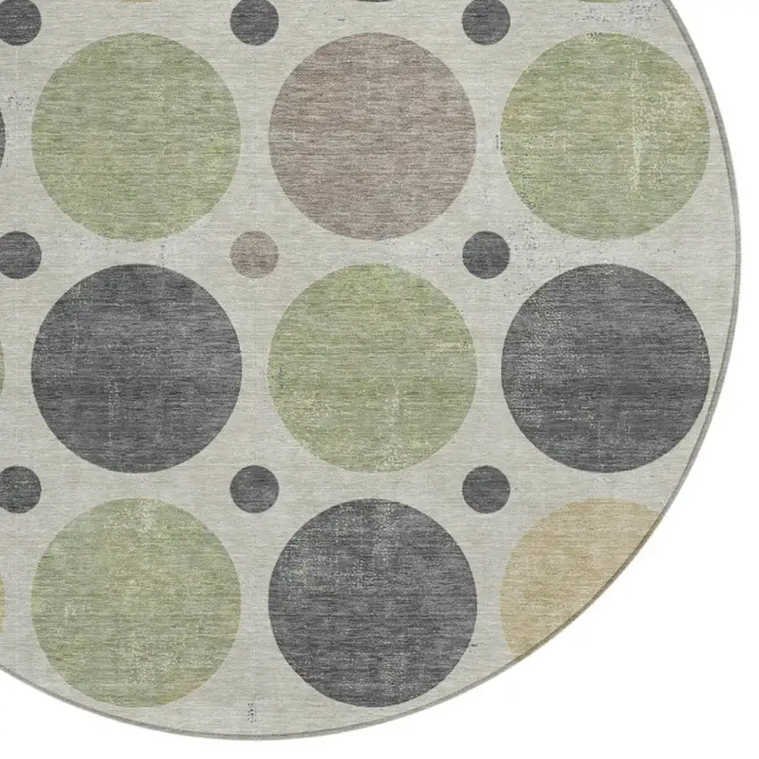 8' Beige Artichoke Green And Charcoal Round Geometric Washable Indoor Outdoor Area Rug Photo 9