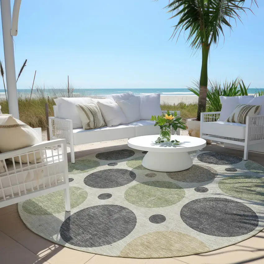 8' Beige Artichoke Green And Charcoal Round Geometric Washable Indoor Outdoor Area Rug Photo 6