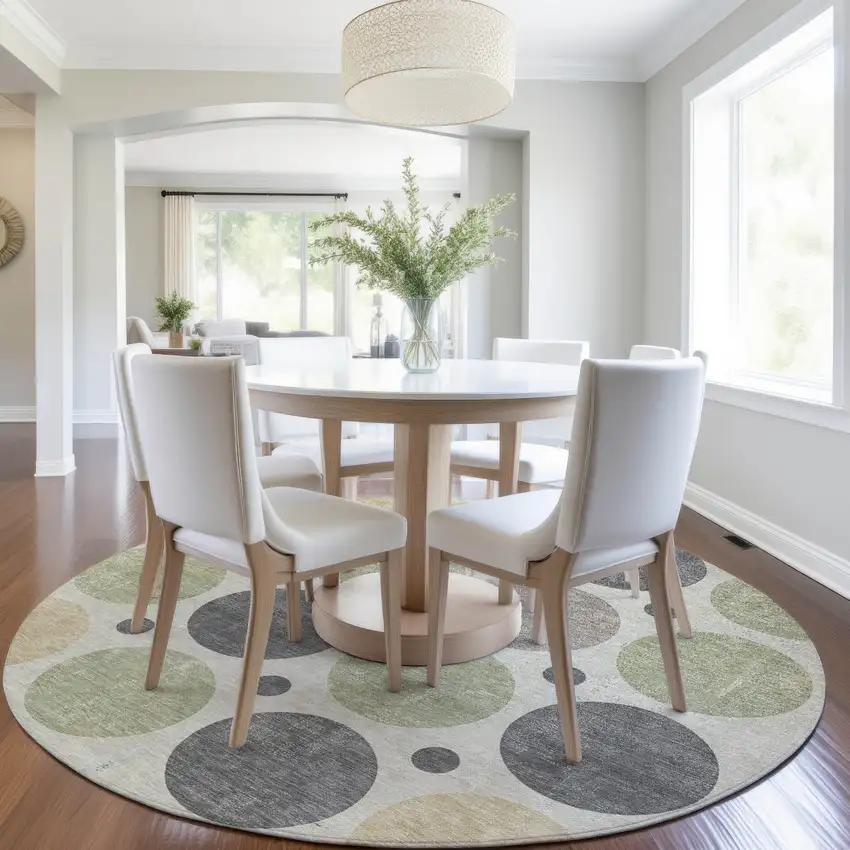 8' Beige Artichoke Green And Charcoal Round Geometric Washable Indoor Outdoor Area Rug Photo 7