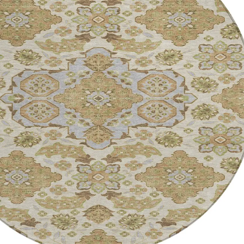 8' Beige Artichoke Green And Ivory Round Medallion Washable Indoor Outdoor Area Rug Photo 8