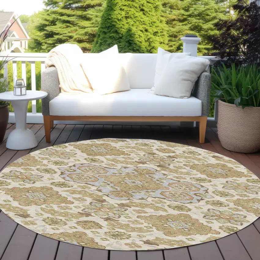 8' Beige Artichoke Green And Ivory Round Medallion Washable Indoor Outdoor Area Rug Photo 5