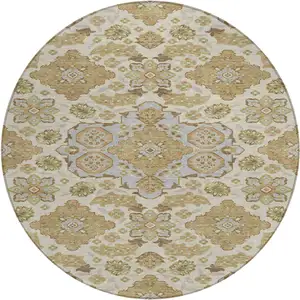 Photo of 8' Beige Artichoke Green And Ivory Round Medallion Washable Indoor Outdoor Area Rug