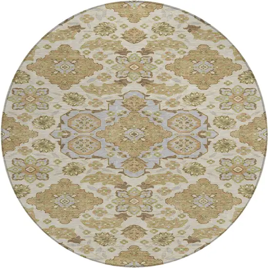 8' Beige Artichoke Green And Ivory Round Medallion Washable Indoor Outdoor Area Rug Photo 1