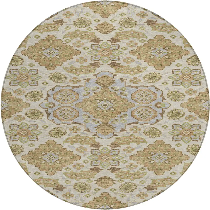 8' Beige Artichoke Green And Ivory Round Medallion Washable Indoor Outdoor Area Rug Photo 1