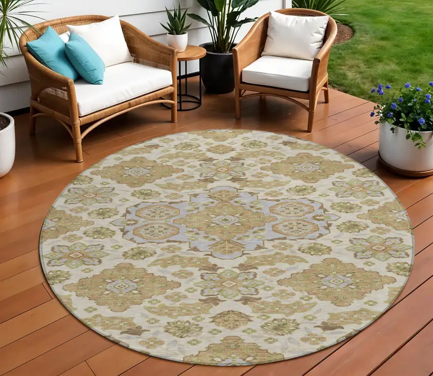 8' Beige Artichoke Green And Ivory Round Medallion Washable Indoor Outdoor Area Rug Photo 2