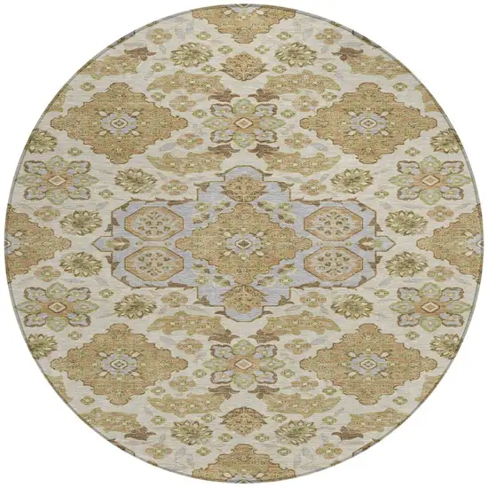 8' Beige Artichoke Green And Ivory Round Medallion Washable Indoor Outdoor Area Rug Photo 3