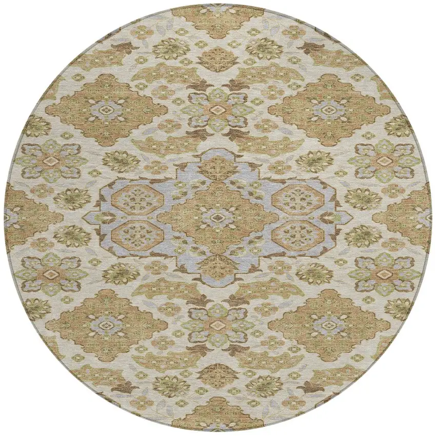 8' Beige Artichoke Green And Ivory Round Medallion Washable Indoor Outdoor Area Rug Photo 3