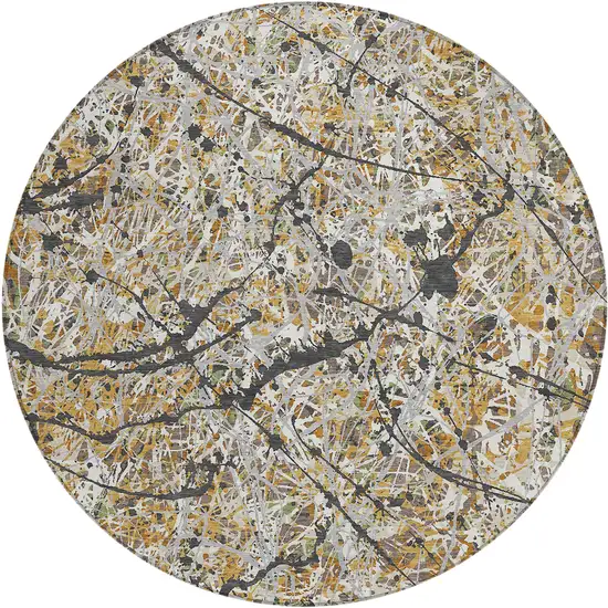 8' Beige Black And Ivory Round Abstract Washable Indoor Outdoor Area Rug Photo 1