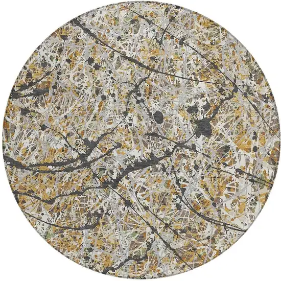 8' Beige Black And Ivory Round Abstract Washable Indoor Outdoor Area Rug Photo 3