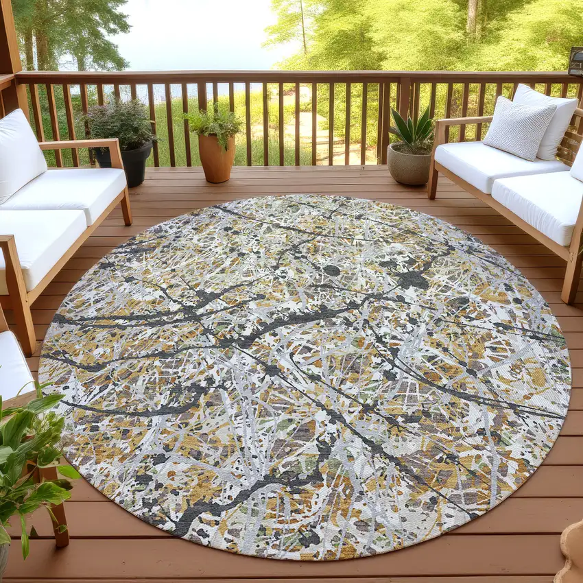 8' Beige Black And Ivory Round Abstract Washable Indoor Outdoor Area Rug Photo 4