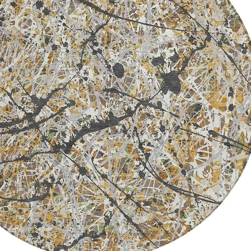 8' Beige Black And Ivory Round Abstract Washable Indoor Outdoor Area Rug Photo 2