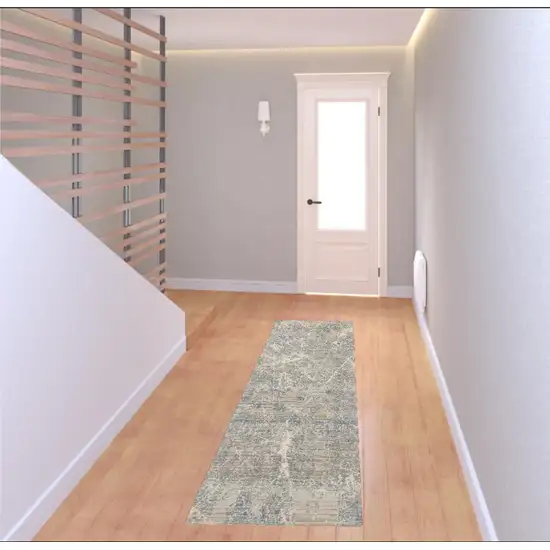 8' Beige Blue And Brown Abstract Runner Rug Photo 1