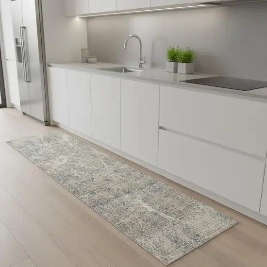 8' Beige Blue And Brown Abstract Runner Rug Photo 1