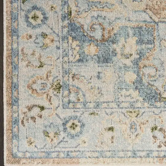 10' Beige Blue And Brown Floral Medallion Washable Runner Rug Photo 8