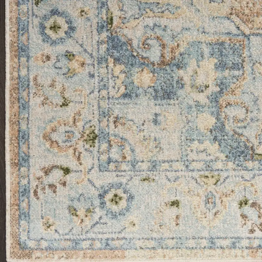 10' Beige Blue And Brown Floral Medallion Washable Runner Rug Photo 8