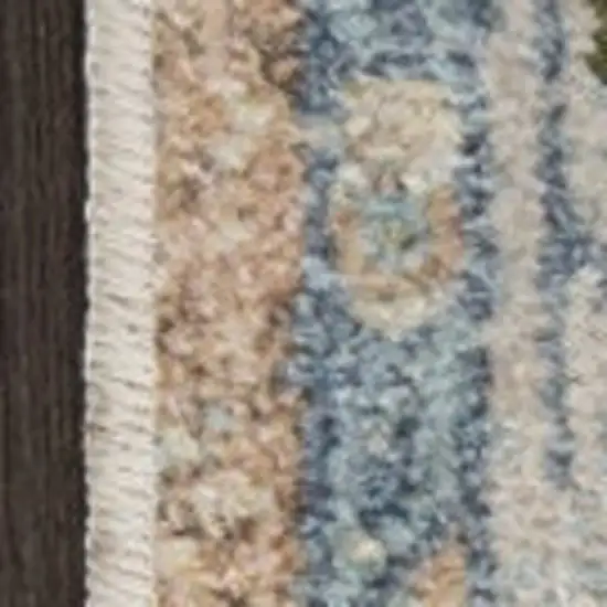 10' Beige Blue And Brown Floral Medallion Washable Runner Rug Photo 6