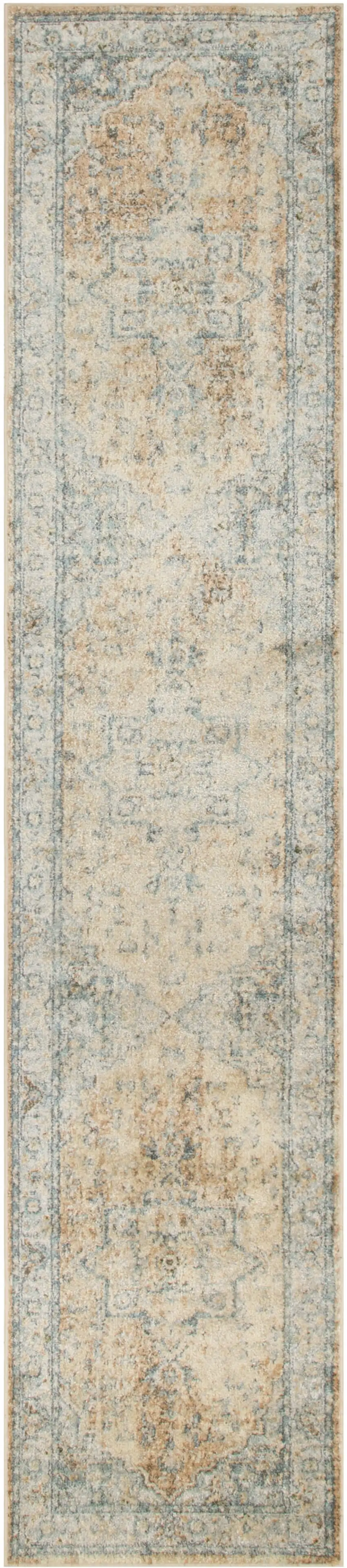 10' Beige Blue And Brown Floral Medallion Washable Runner Rug Photo 3