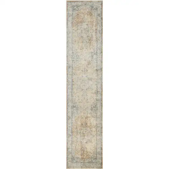 10' Beige Blue And Brown Floral Medallion Washable Runner Rug Photo 3