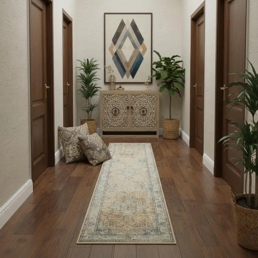 10' Beige Blue And Brown Floral Medallion Washable Runner Rug Photo 1