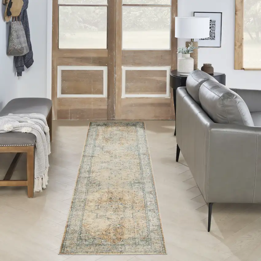 10' Beige Blue And Brown Floral Medallion Washable Runner Rug Photo 5