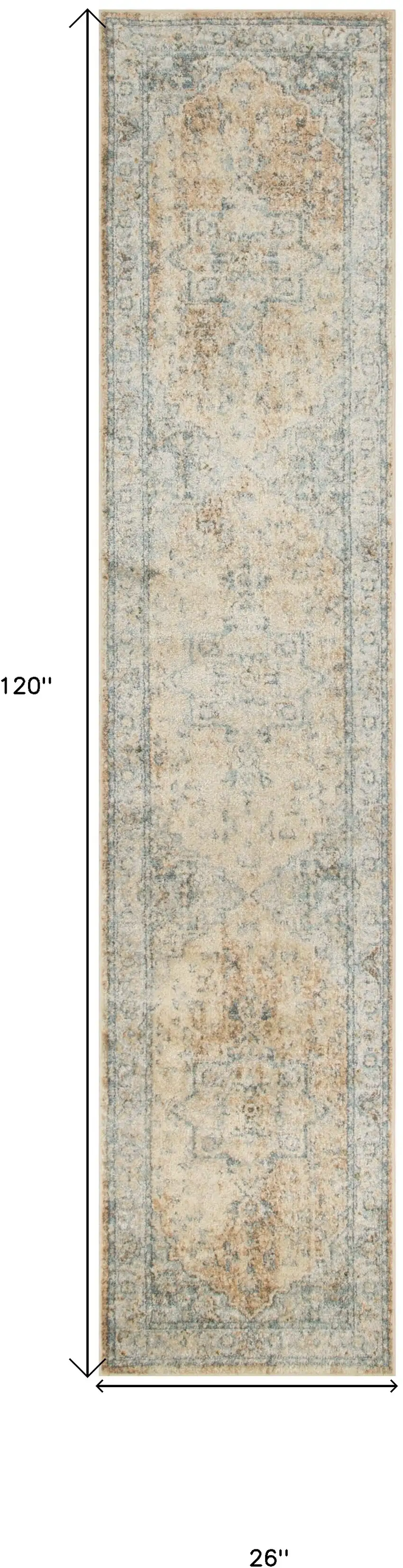 10' Beige Blue And Brown Floral Medallion Washable Runner Rug Photo 3