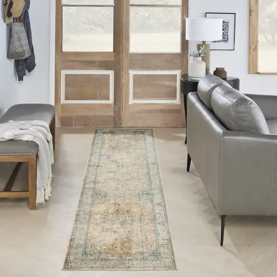 8' Beige Blue And Brown Floral Medallion Washable Runner Rug Photo 5