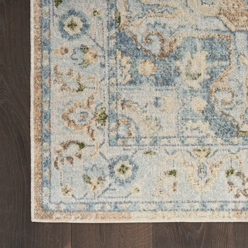 8' Beige Blue And Brown Floral Medallion Washable Runner Rug Photo 8