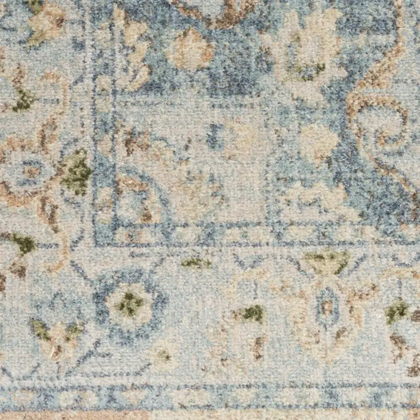 8' Beige Blue And Brown Floral Medallion Washable Runner Rug Photo 8
