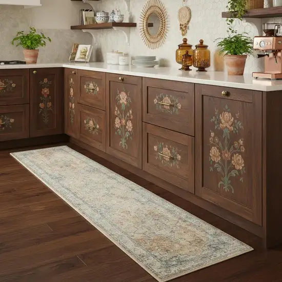 8' Beige Blue And Brown Floral Medallion Washable Runner Rug Photo 1