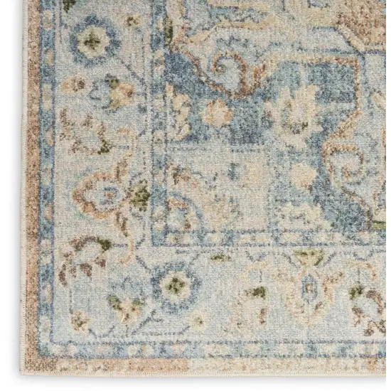 8' Beige Blue And Brown Floral Medallion Washable Runner Rug Photo 6